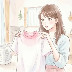 首元がピンクに変色したTシャツを見て驚いている女性