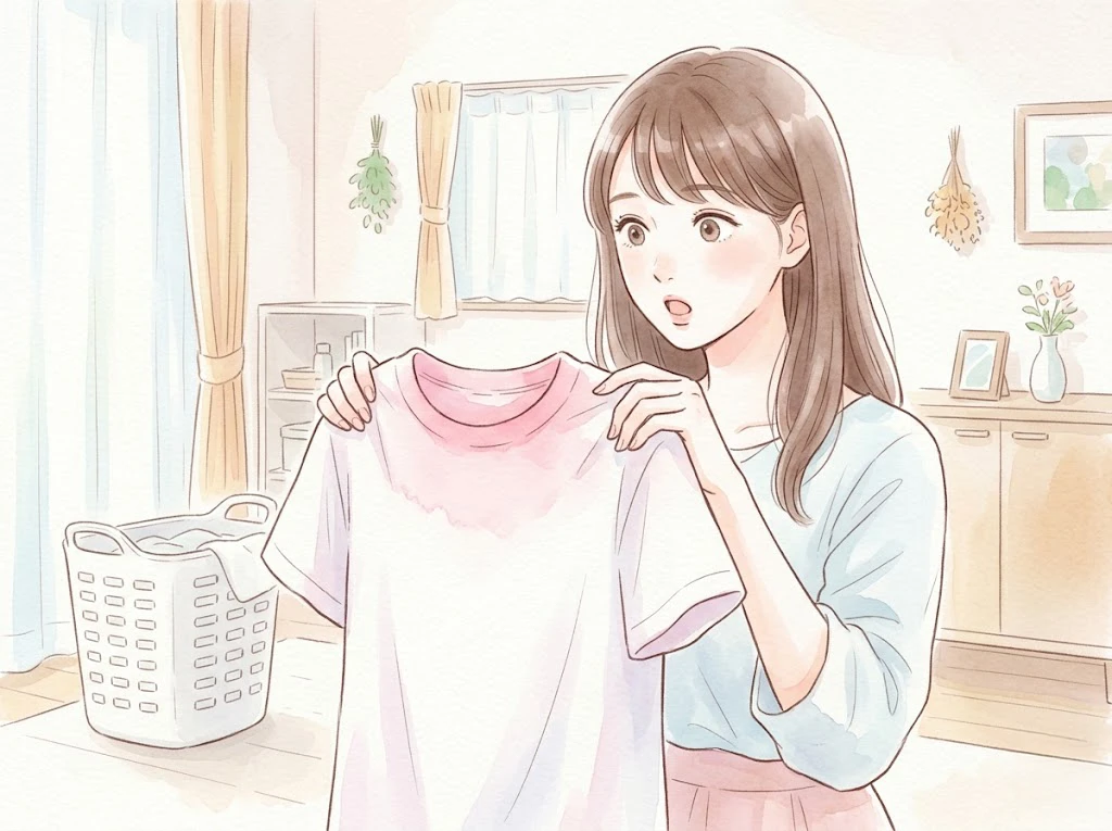 首元がピンクに変色したTシャツを見て驚いている女性