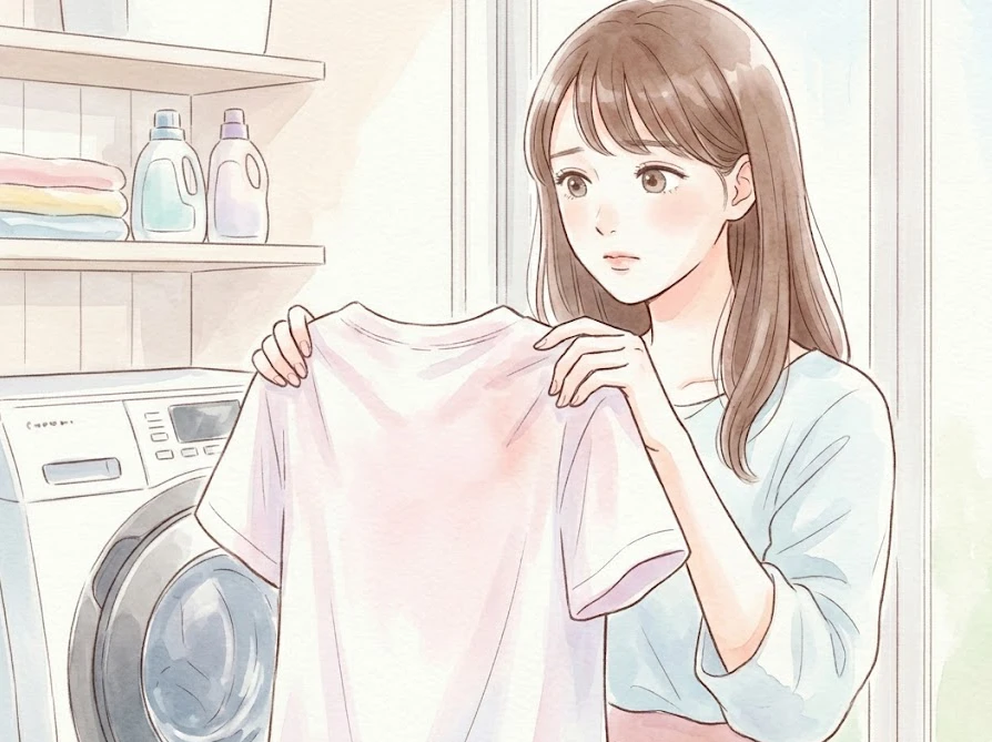 洗濯機の前でピンクに変色したTシャツを見て悩んでいる女性