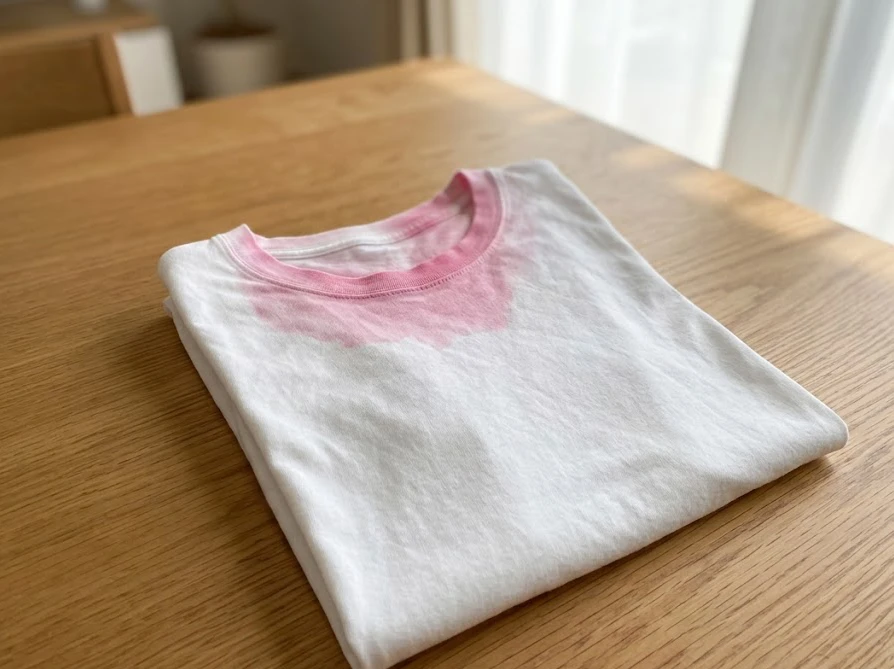 日焼け止めと漂白剤の反応で首元がピンク色に染まった白いTシャツ