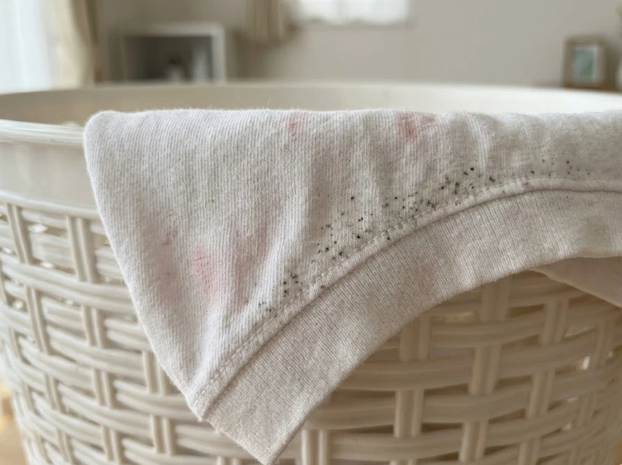 白いTシャツの生地にポツポツと繁殖してしまった赤カビ