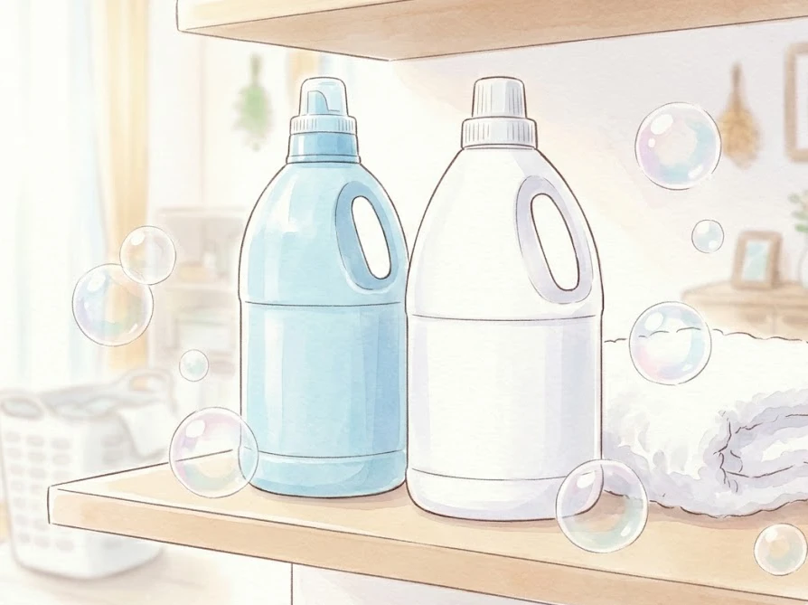 性質の異なる2種類の漂白剤ボトルと清潔なタオルのイメージ