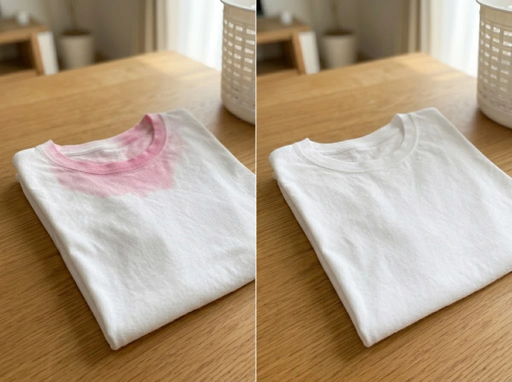 ピンクに色移りしたTシャツがお湯と洗剤で真っ白に復元した比較