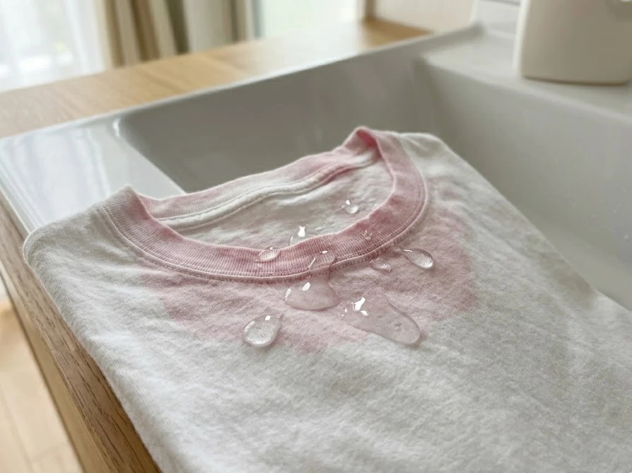 日焼け止めが付着しやすいTシャツの襟元に洗剤を塗布して予洗いする様子