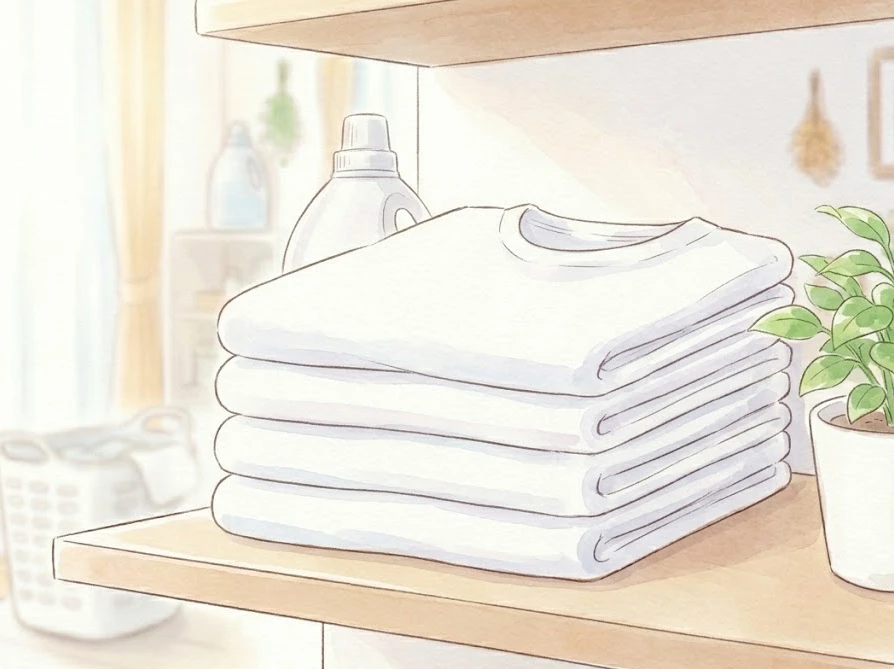 綺麗に畳まれて棚に整理された真っ白で清潔なTシャツ群