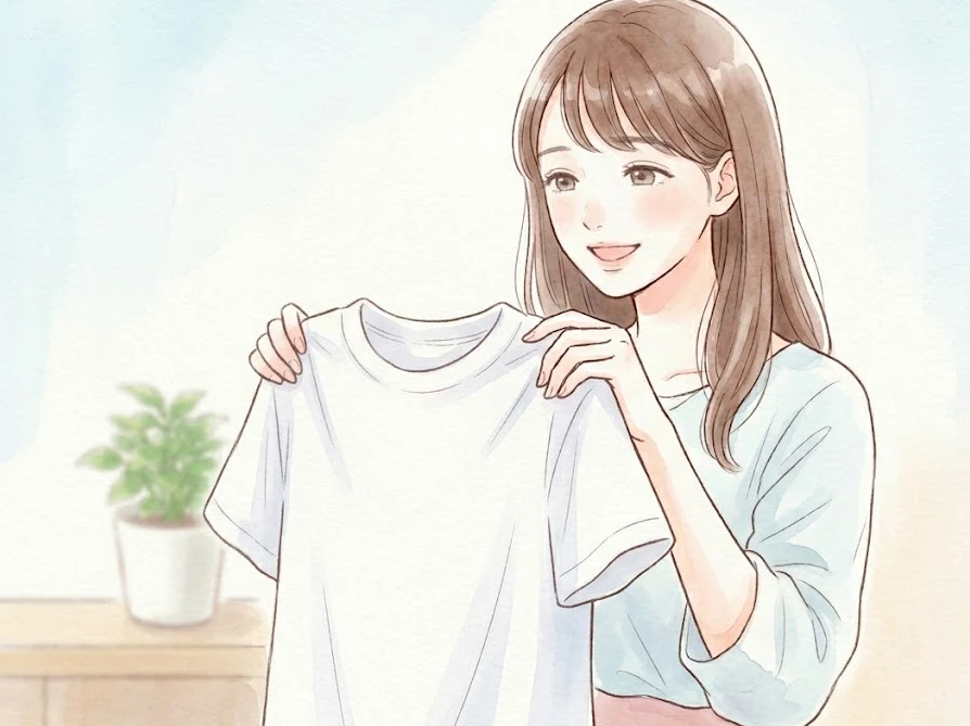白さを取り戻した清潔なTシャツを抱きしめて笑顔を見せる女性