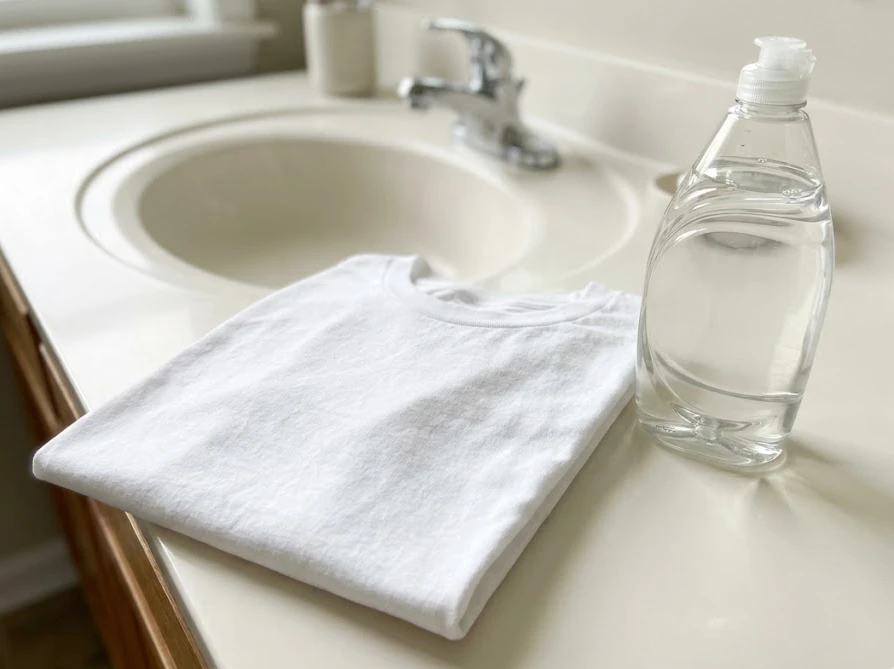 自宅の洗面台に置かれた、油染み落としに使う台所用中性洗剤と白いTシャツ