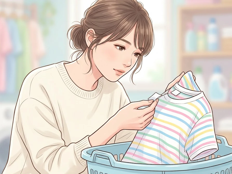 色落ちを防ぐため、色柄物Tシャツの洗濯表示タグを慎重に確認する女性