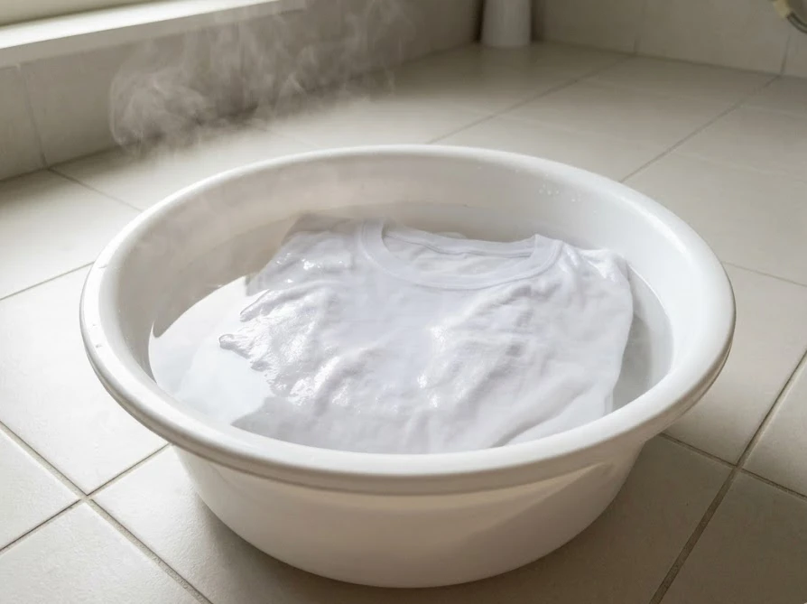 洗面器にはった40度から50度のお湯にTシャツを浸して油汚れを分解する様子