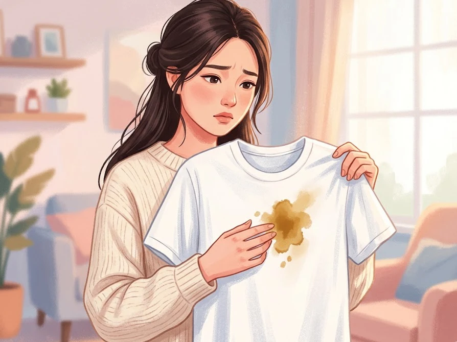 油染みを放置して酸化し、黄ばんでしまったTシャツを見て悩む女性