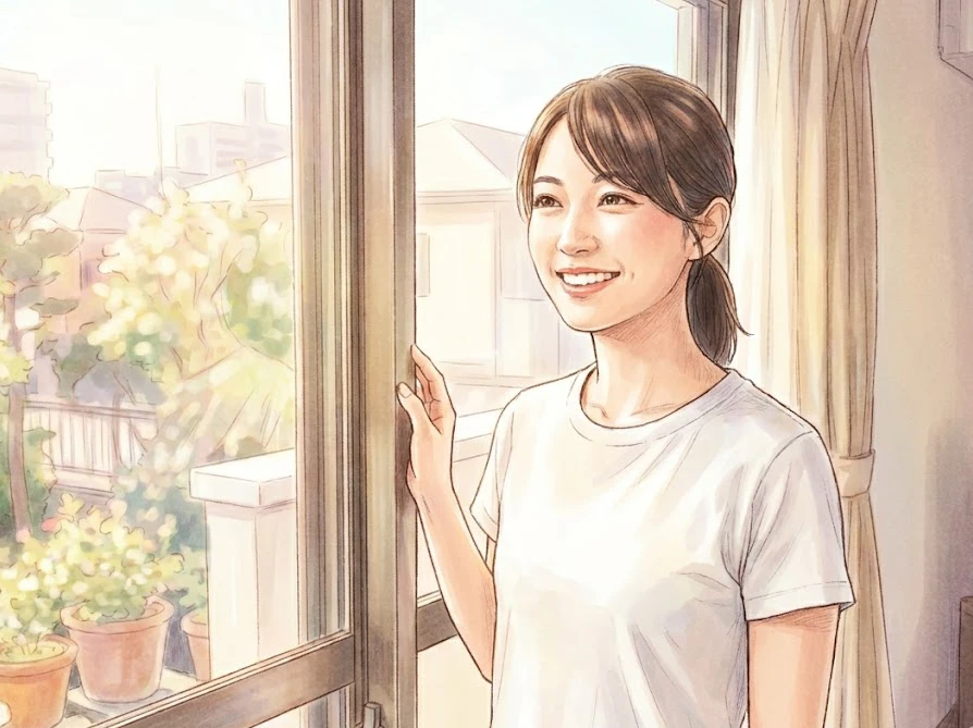 正しい手順で油染みをすっきり落とし、真っ白なTシャツを着て晴れやかな笑顔の女性