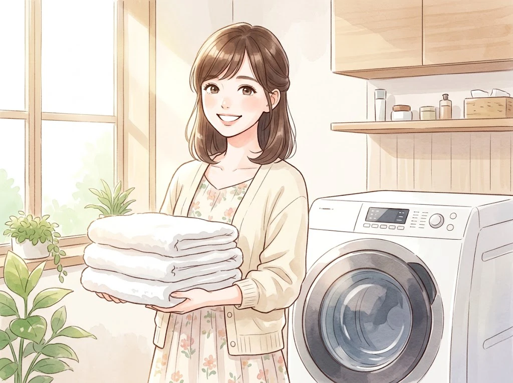 プロの掃除で綺麗になった洗濯機と、笑顔で洗濯物を抱える女性