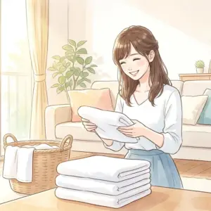 綺麗に畳まれた洗濯物と笑顔の女性で手軽な防カビ習慣を表現
