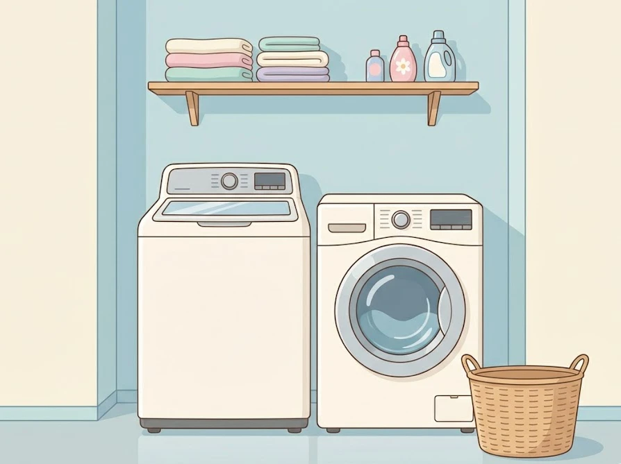 お手入れ方法が異なる縦型洗濯機とドラム式洗濯機が並んだ様子