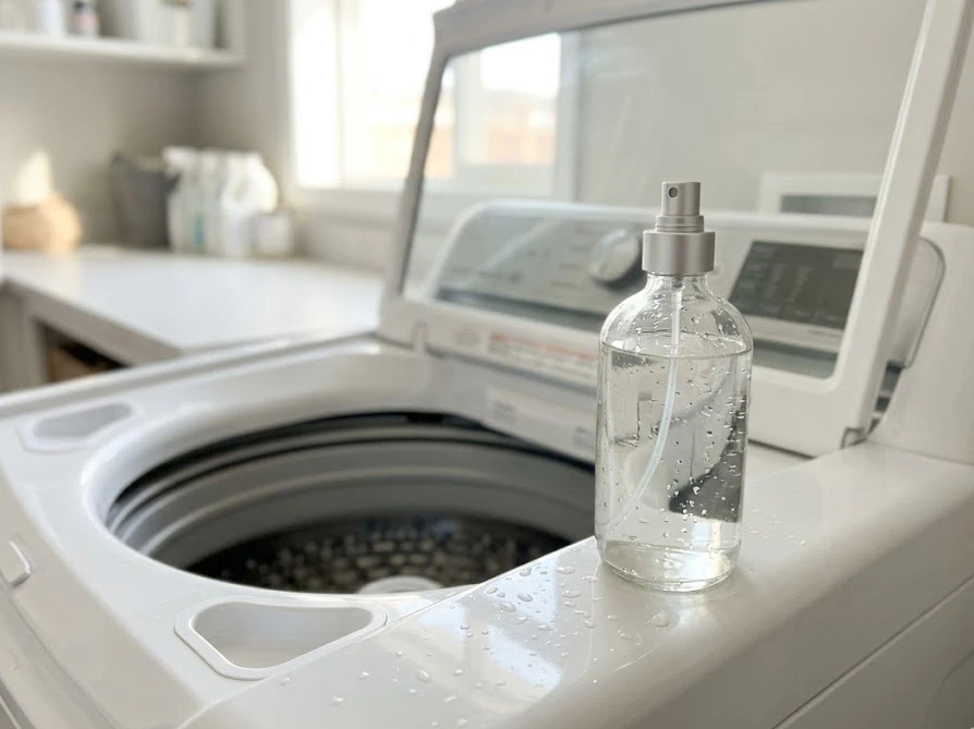 洗濯機に防カビスプレーを常備して手軽に除菌ケアをする様子