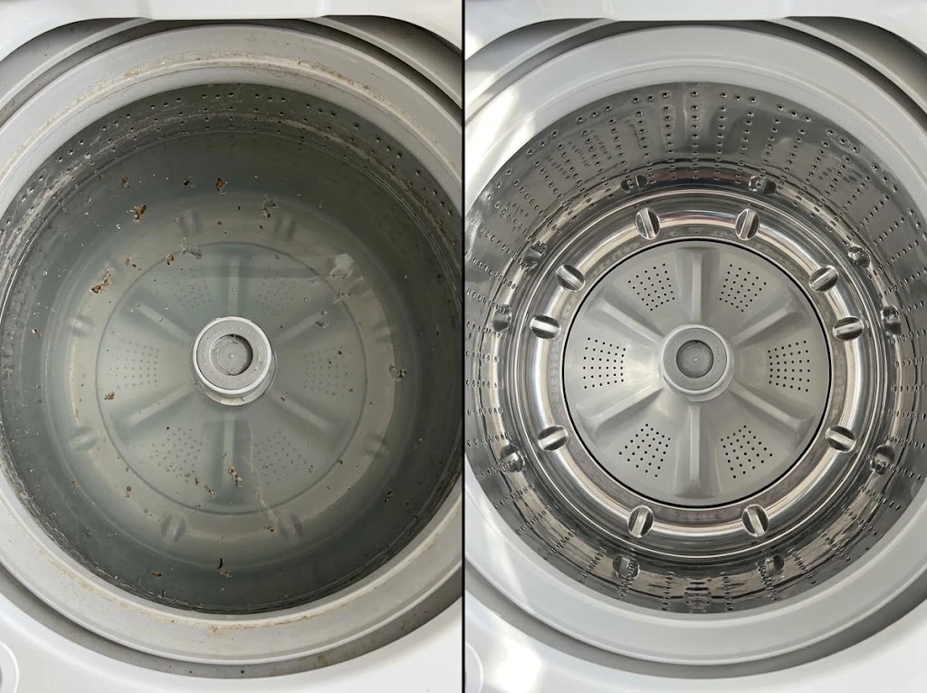 クリーナーで汚れが落ちた洗濯槽と清潔な洗濯槽のビフォーアフター