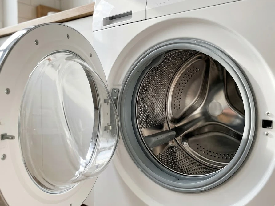 湿気を逃がすためにフタを開けて内部をしっかり乾燥させている洗濯機