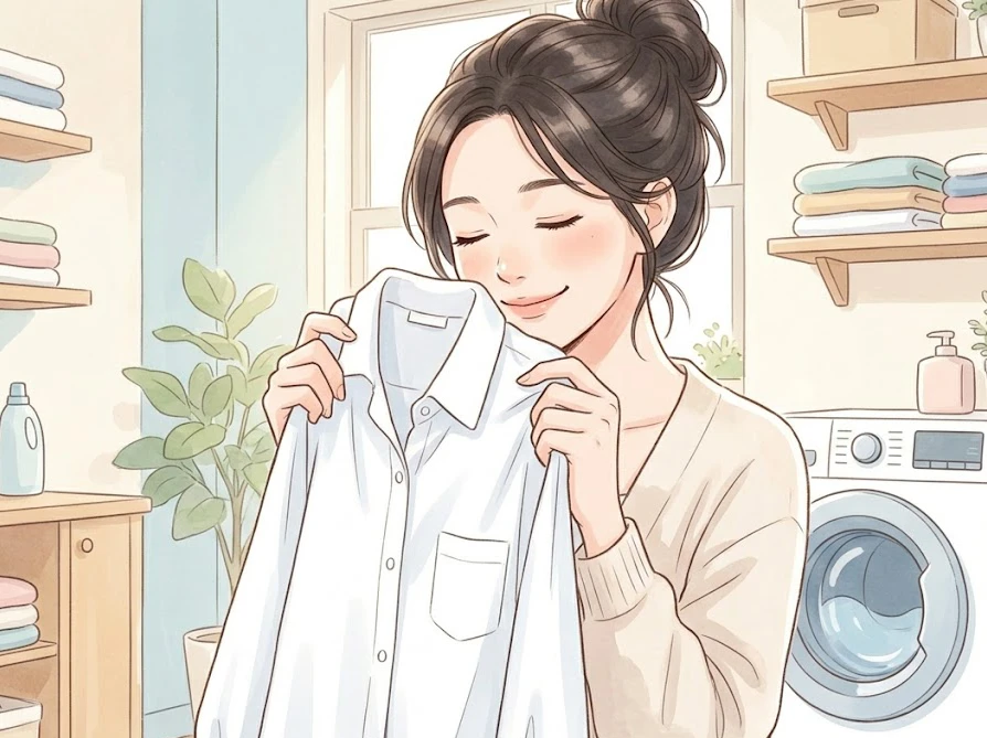 防カビ対策で洗い立ての清潔なシャツの香りを楽しむ笑顔の女性