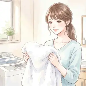 洗濯槽のザラザラ汚れを解消して、清潔なふわふわのタオルを抱えて喜ぶ女性の姿