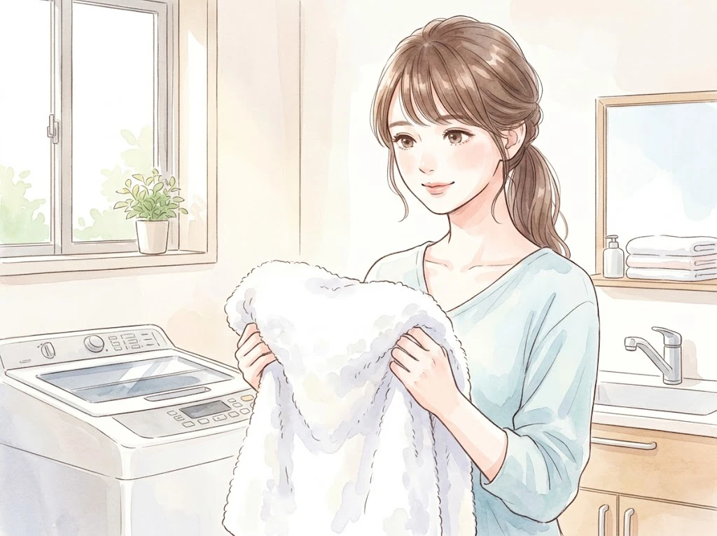 洗濯槽のザラザラ汚れを解消して、清潔なふわふわのタオルを抱えて喜ぶ女性の姿