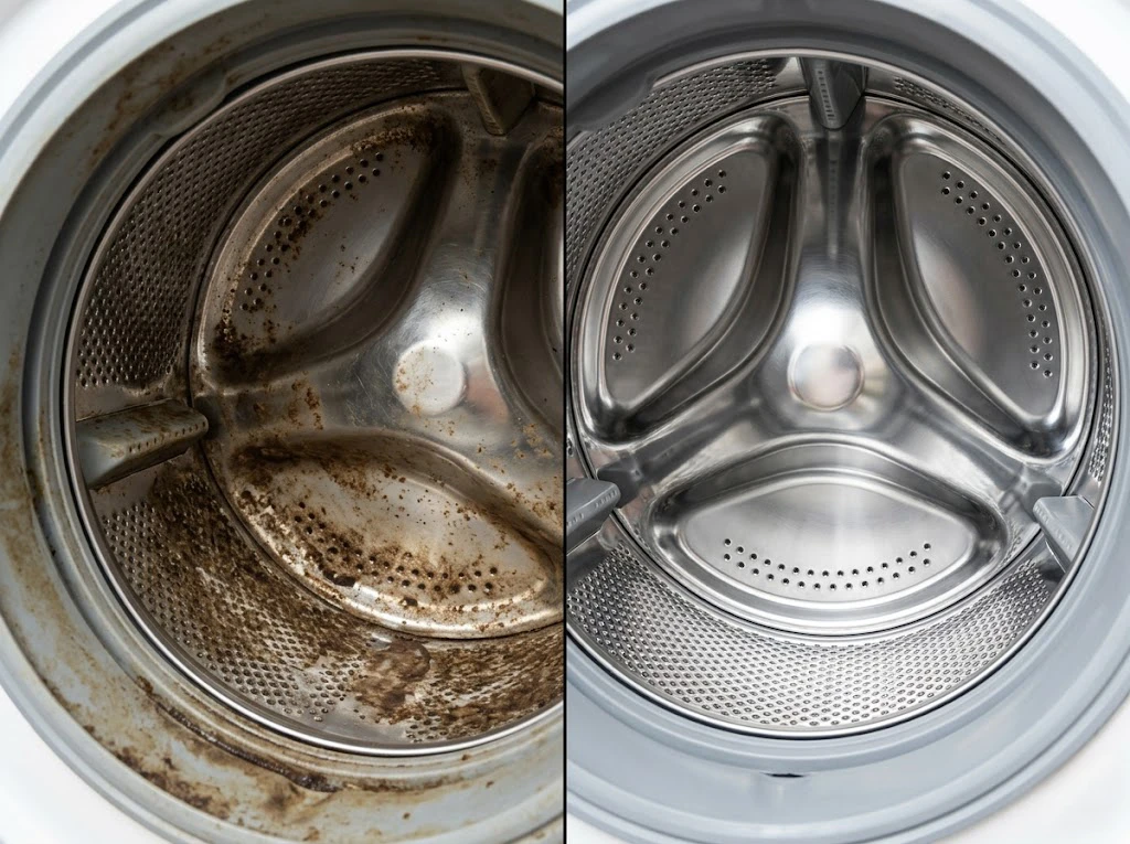 カビや水垢で茶色く汚れた洗濯槽と、正しく掃除されてピカピカになった洗濯槽の比較