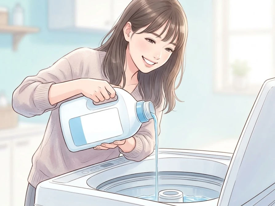 洗濯機メーカー専用の塩素系クリーナーを使って、安全に洗濯槽のザラザラを溶かす様子