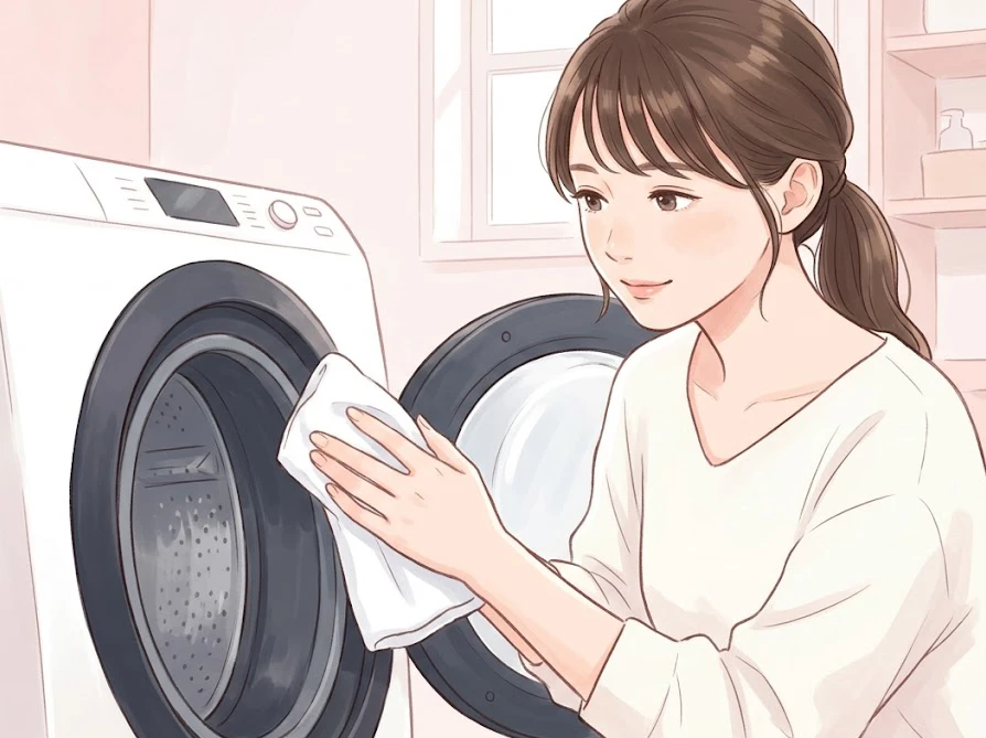 サビや故障を防ぐため、洗濯槽の掃除後にドアのゴムパッキン周辺の水分を拭き取る女性