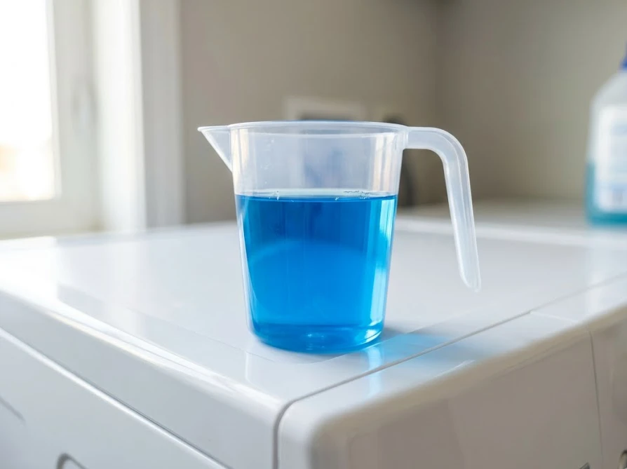 洗濯槽のザラザラ予防のため、適量の液体洗剤を計量カップで正確に量っている様子