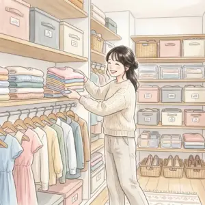 100均グッズを使って笑顔でクローゼットの衣替えをしている女性