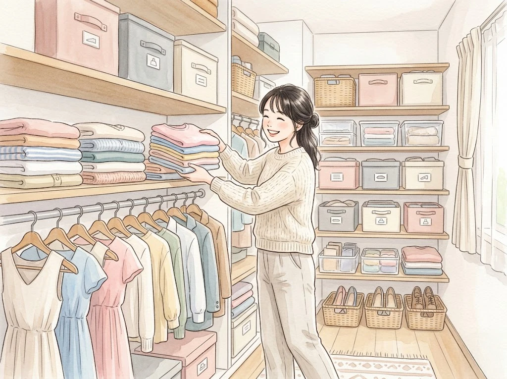 100均グッズを使って笑顔でクローゼットの衣替えをしている女性