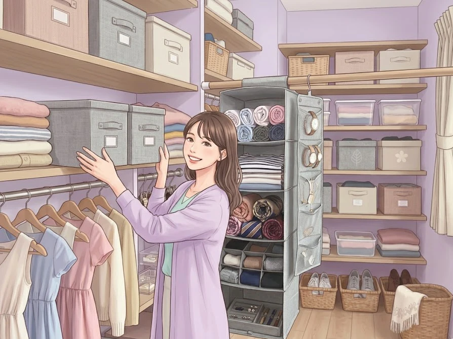 冬物と夏物が入った同じサイズの収納ボックスを入れ替えて衣替えする女性