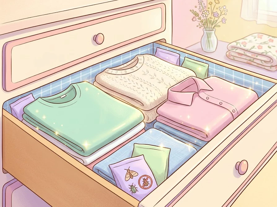 洗濯して引き出しの中に綺麗に畳まれた清潔な服とカビや虫食い対策