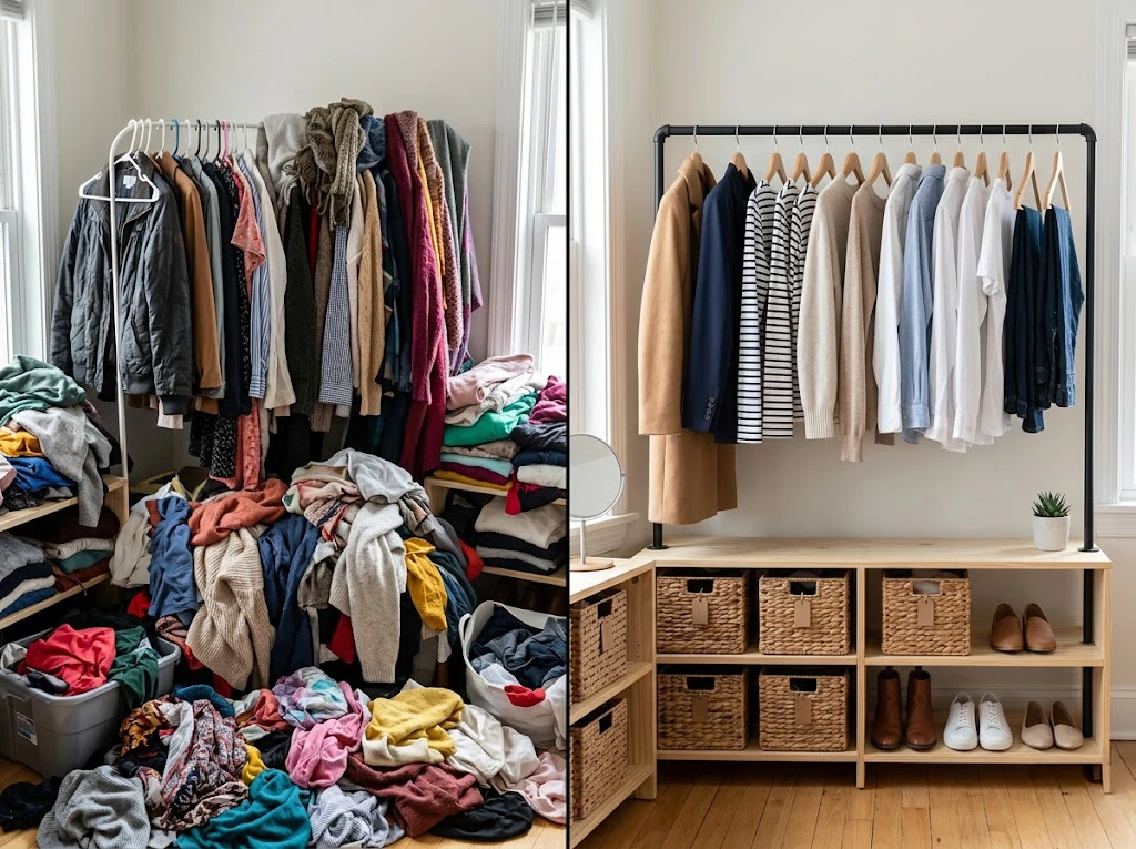 断捨離をして服の量を減らす前と後のすっきりとしたクローゼット
