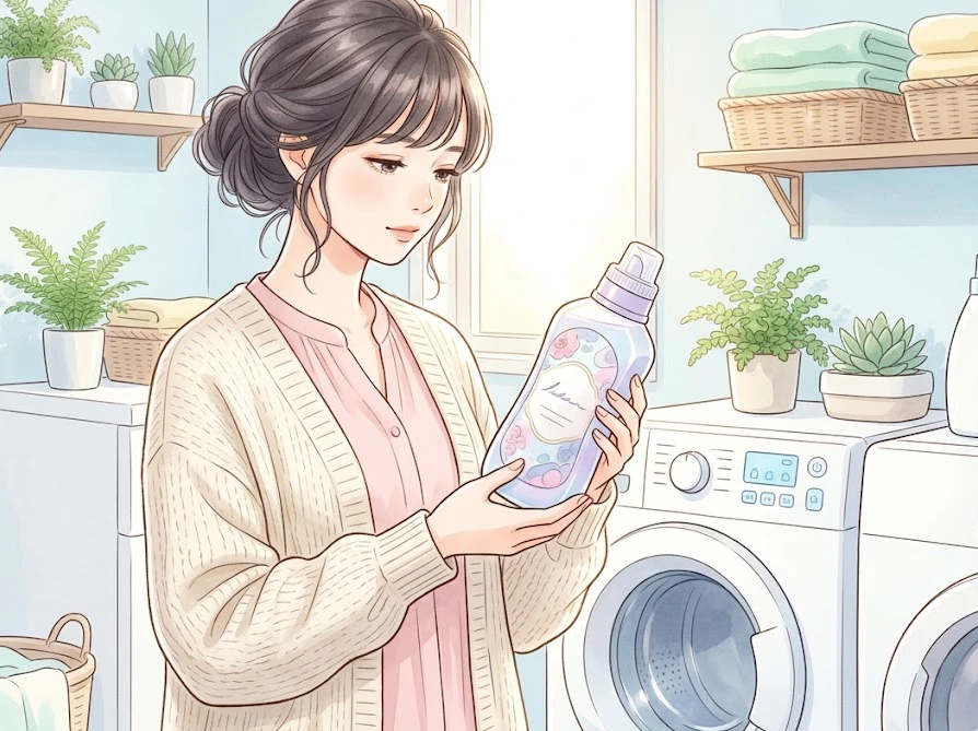 アクロンと柔軟剤を一緒に使うべきか洗濯機の前で迷っている女性