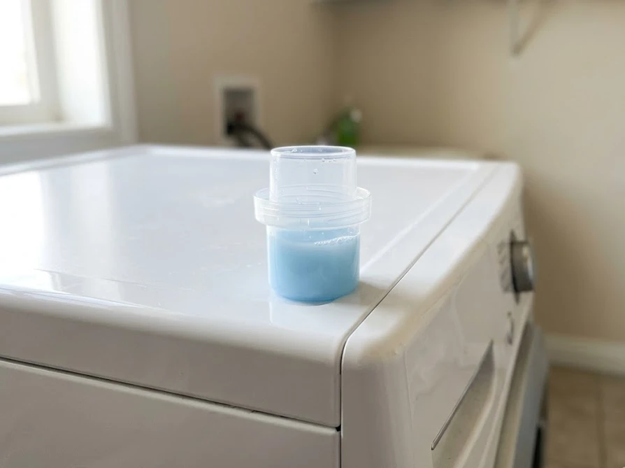衣類を傷めないための最適な量の柔軟剤が入った透明な計量キャップ