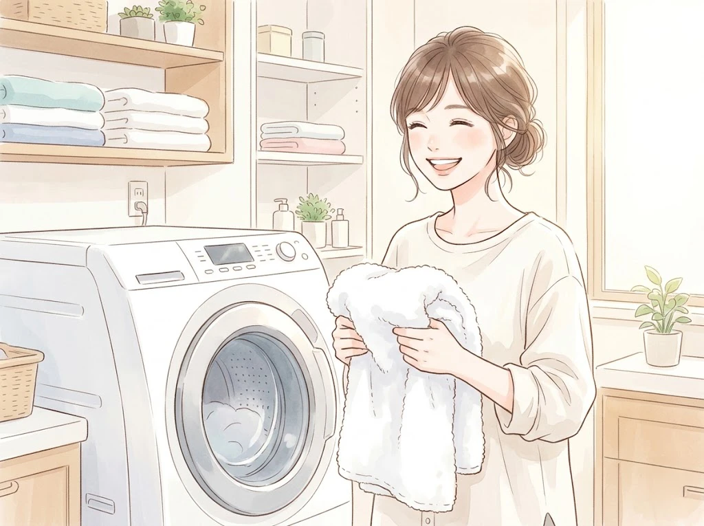 清潔なAQUA洗濯機の前で白いタオルを持ち、笑顔で立つ女性。洗濯槽をきれいに保つ様子