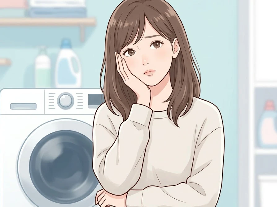 AQUA洗濯機の洗濯槽クリーナーは市販品で代用できるか、洗濯機の前で悩む女性