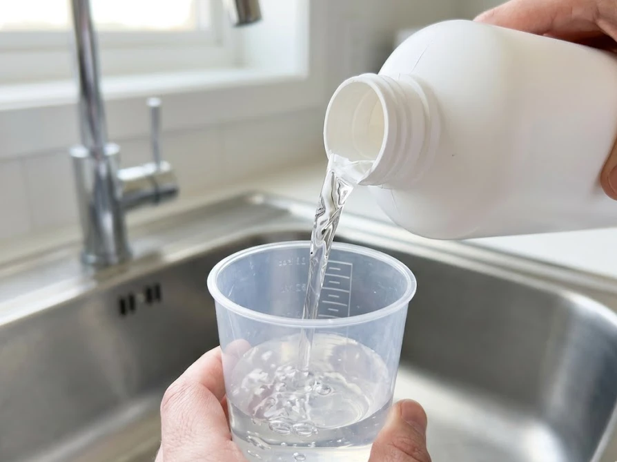 AQUA洗濯機の槽洗浄に向けて、代用品となる衣類用ハイターを計量カップに注ぐ様子