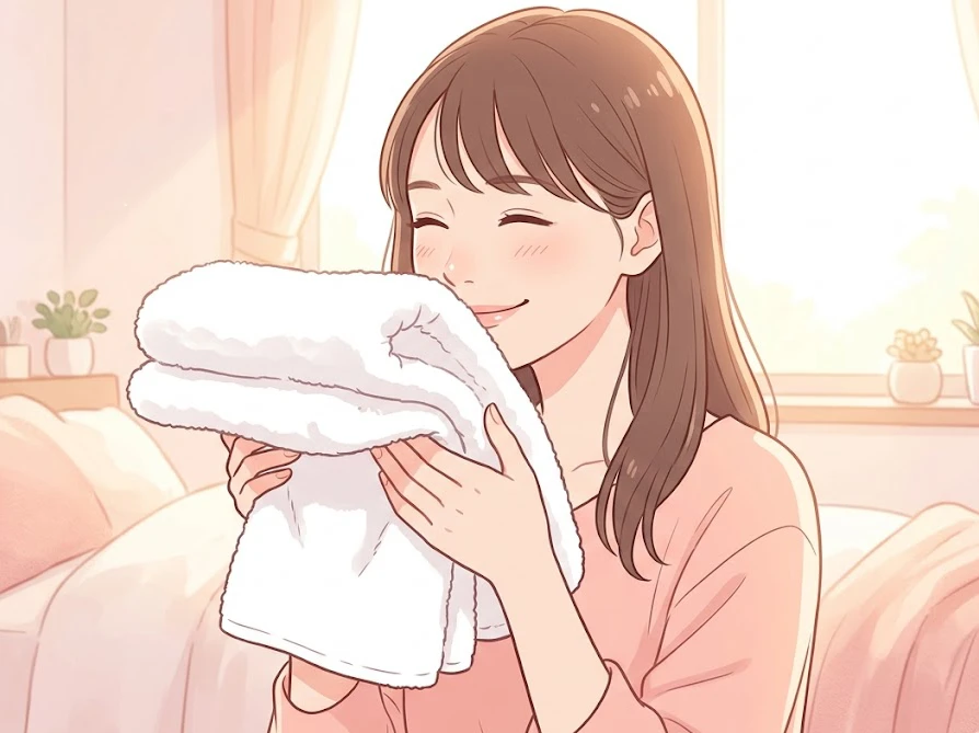 洗濯槽クリーナーの代用品で綺麗になった洗濯機で洗い上がったタオルを、笑顔で畳む女性