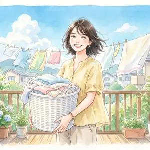 青空の下で洗濯かごを持ち笑顔を浮かべるオーストラリア留学中の女性