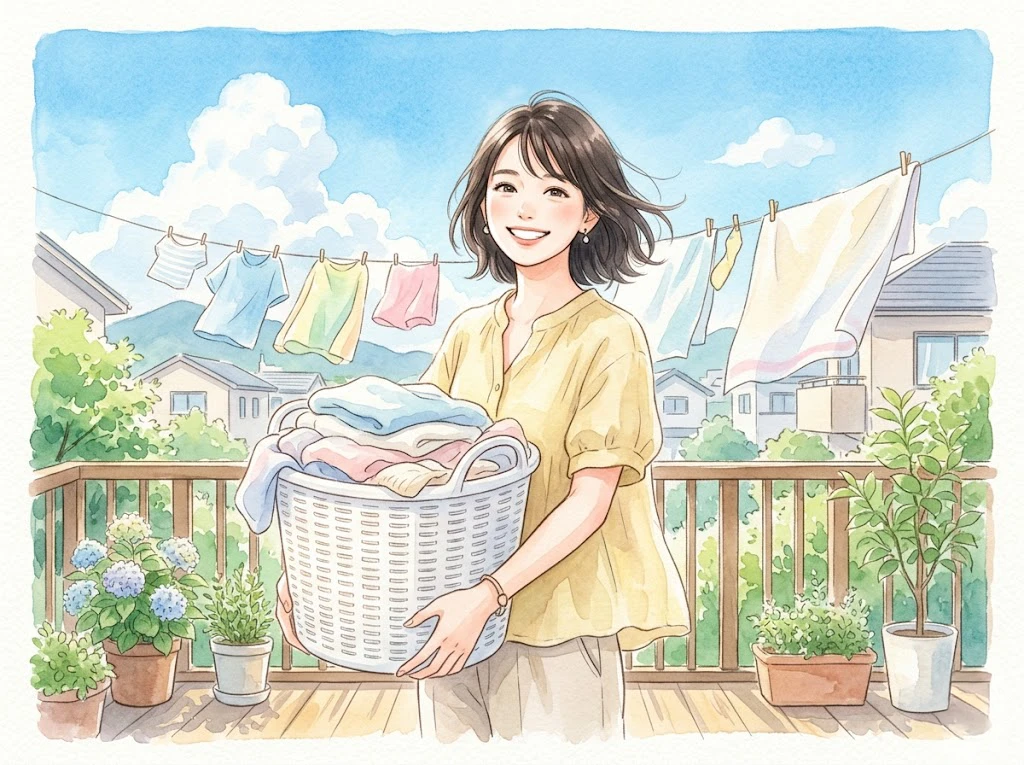 青空の下で洗濯かごを持ち笑顔を浮かべるオーストラリア留学中の女性