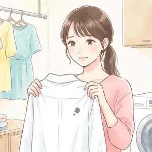 服についてしまったボールペンのインク汚れの落とし方に悩む女性の様子