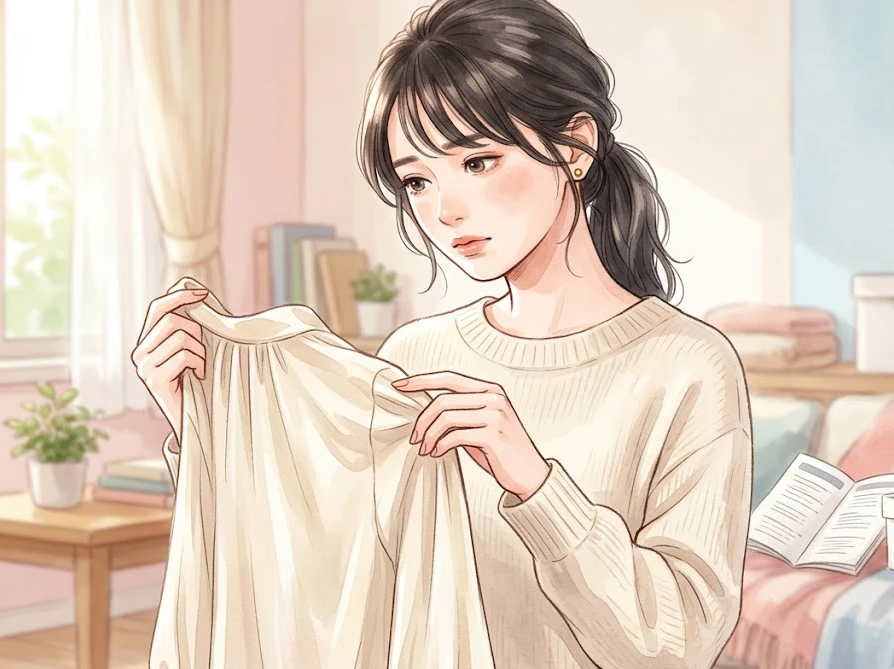 ボールペンのインクがついたデリケートな服をクリーニングに依頼するか判断に迷う女性