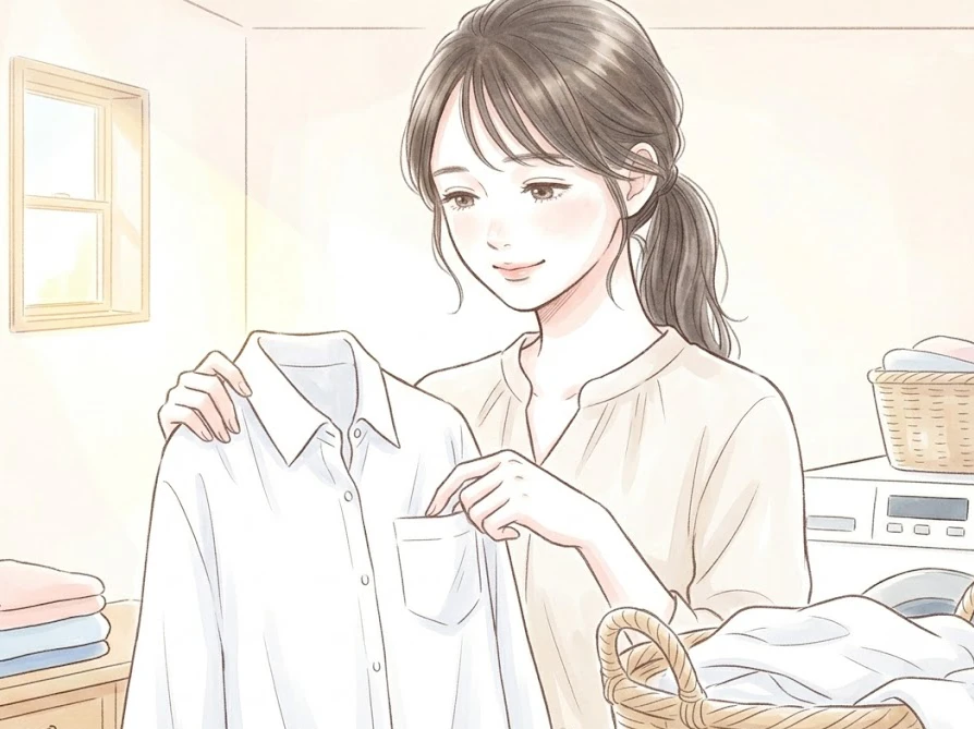 洗濯前に衣類のポケットにボールペンが入っていないか手を入れて確認しインク漏れを防ぐ女性