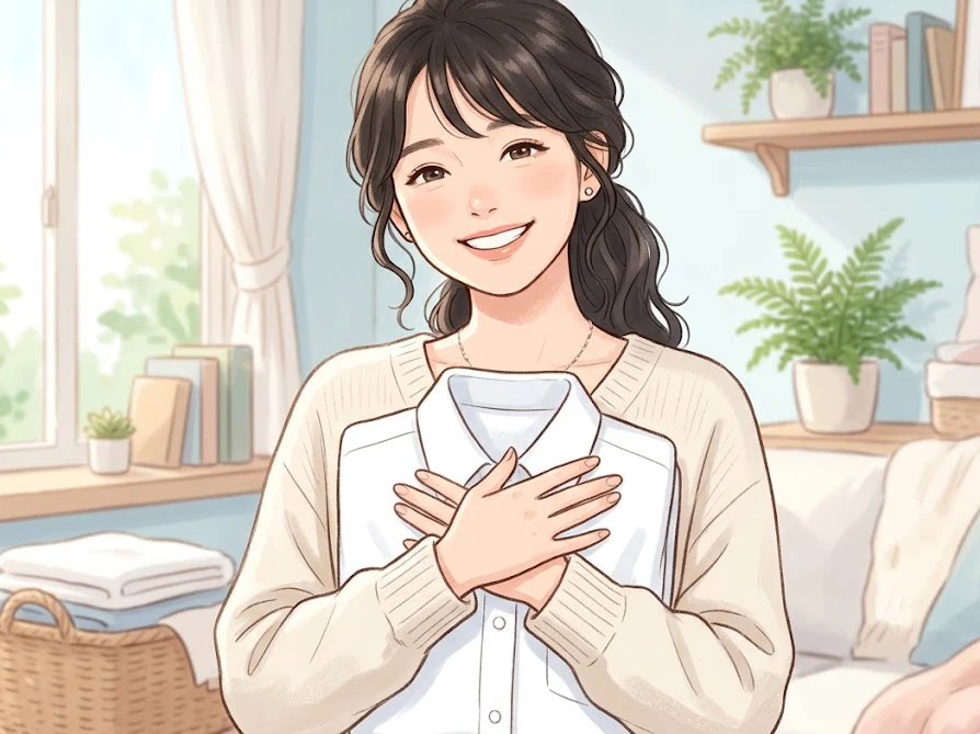 ボールペンインクのシミ抜きが成功し綺麗になった真っ白な服を手にして笑顔を浮かべる女性