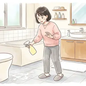 カビキラーでお風呂の床が白く変色してしまい困り果てている女性