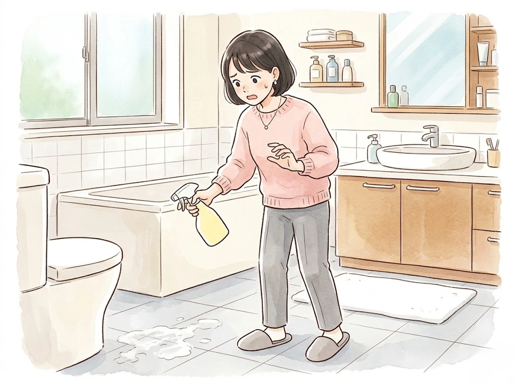 カビキラーでお風呂の床が白く変色してしまい困り果てている女性