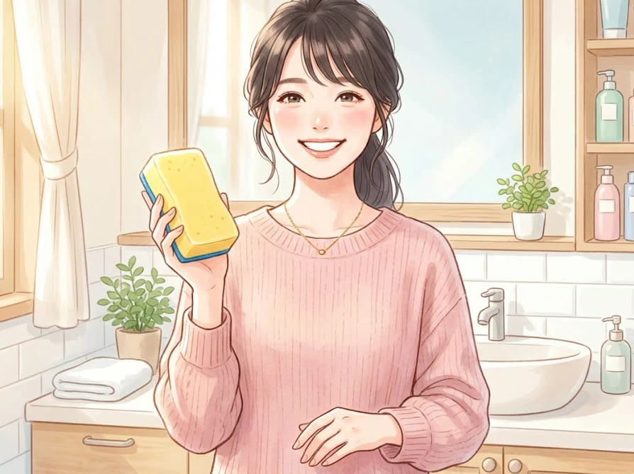 お風呂の床の正しい掃除方法と変色の再発防止策を実践する女性