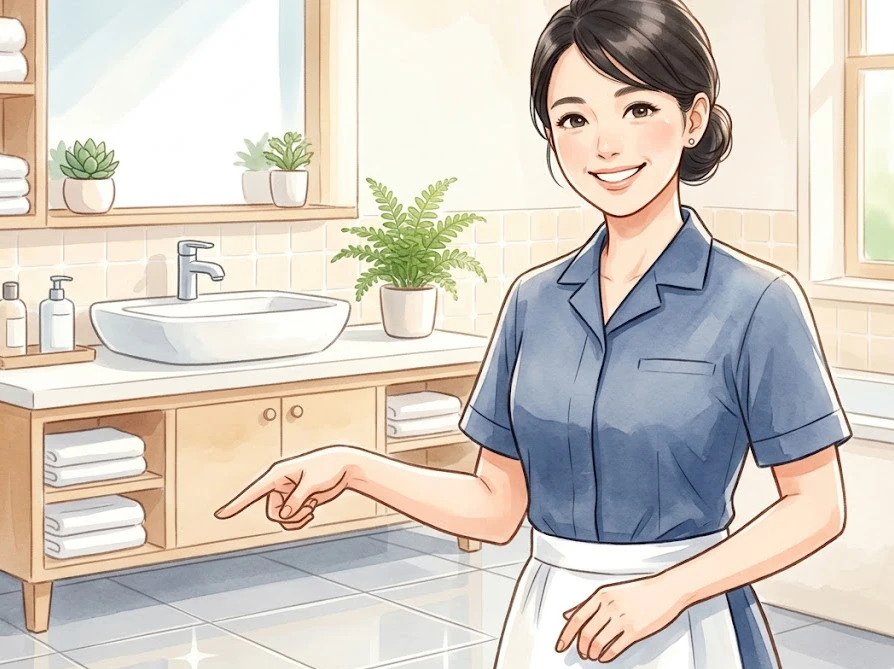 白くなったお風呂の床の補修やコーティングをプロの業者に依頼した様子