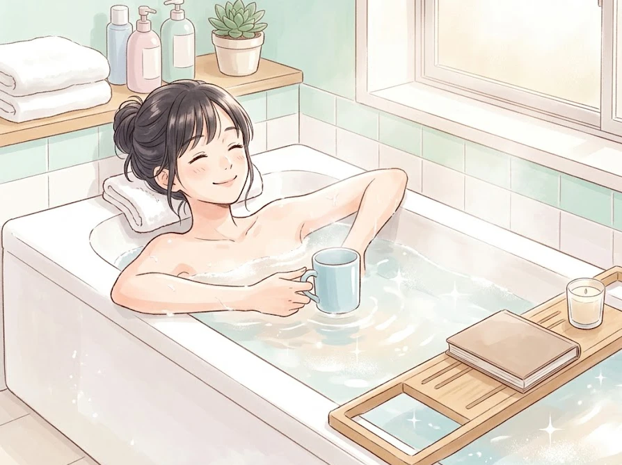 変色トラブルを解決して綺麗になったお風呂でリラックスする女性